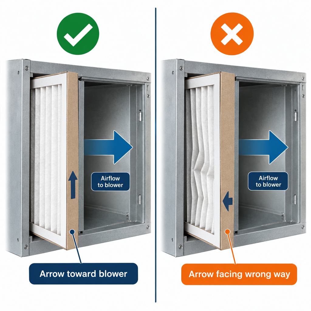Air filter installed correctly versus incorrectly showing airflow arrow direction