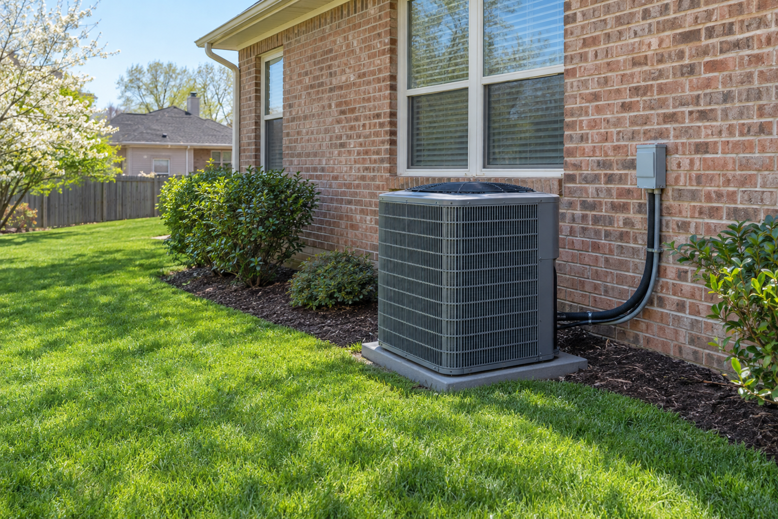 Clean outdoor AC condenser unit beside a brick house in a well-maintained backyard on a sunny spring day