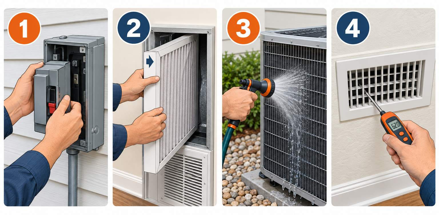 Spring AC maintenance in four steps: kill power, replace filter, rinse condenser coil, test temperature split