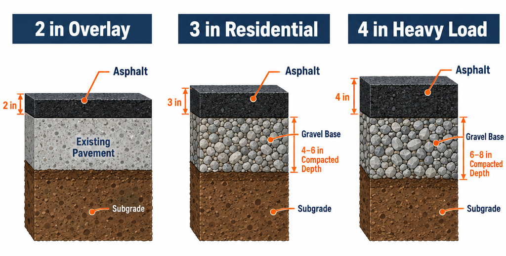 Asphalt thickness guide showing overlay, residential driveway and heavy-load cross-sections