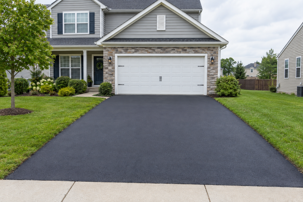 Freshly paved residential asphalt driveway leading to a garage in natural daylight