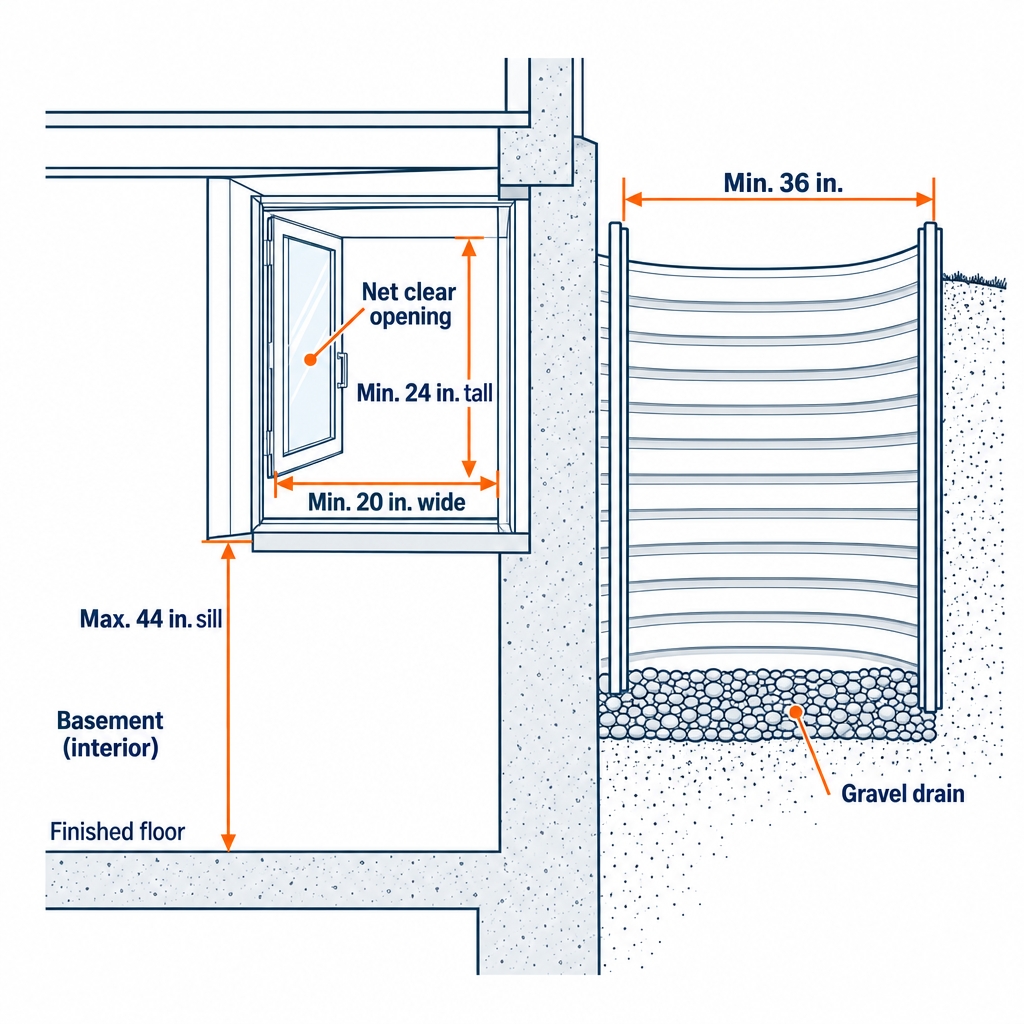 Egress window minimum dimensions diagram showing net clear opening, sill height, and well size requirements