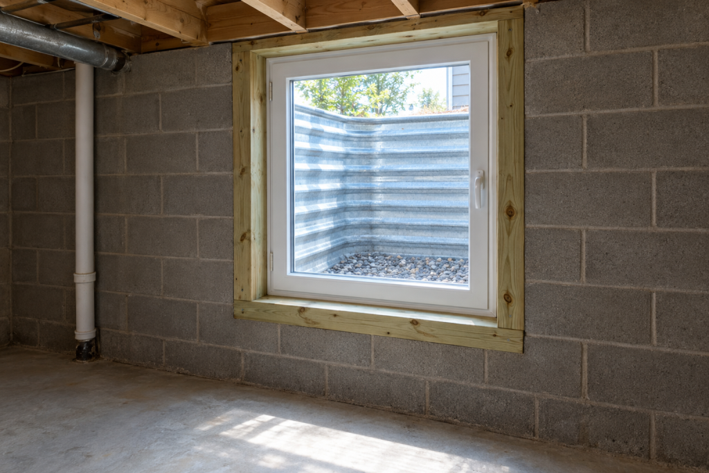 Finished basement egress window installed in a concrete foundation wall with a galvanized steel well outside