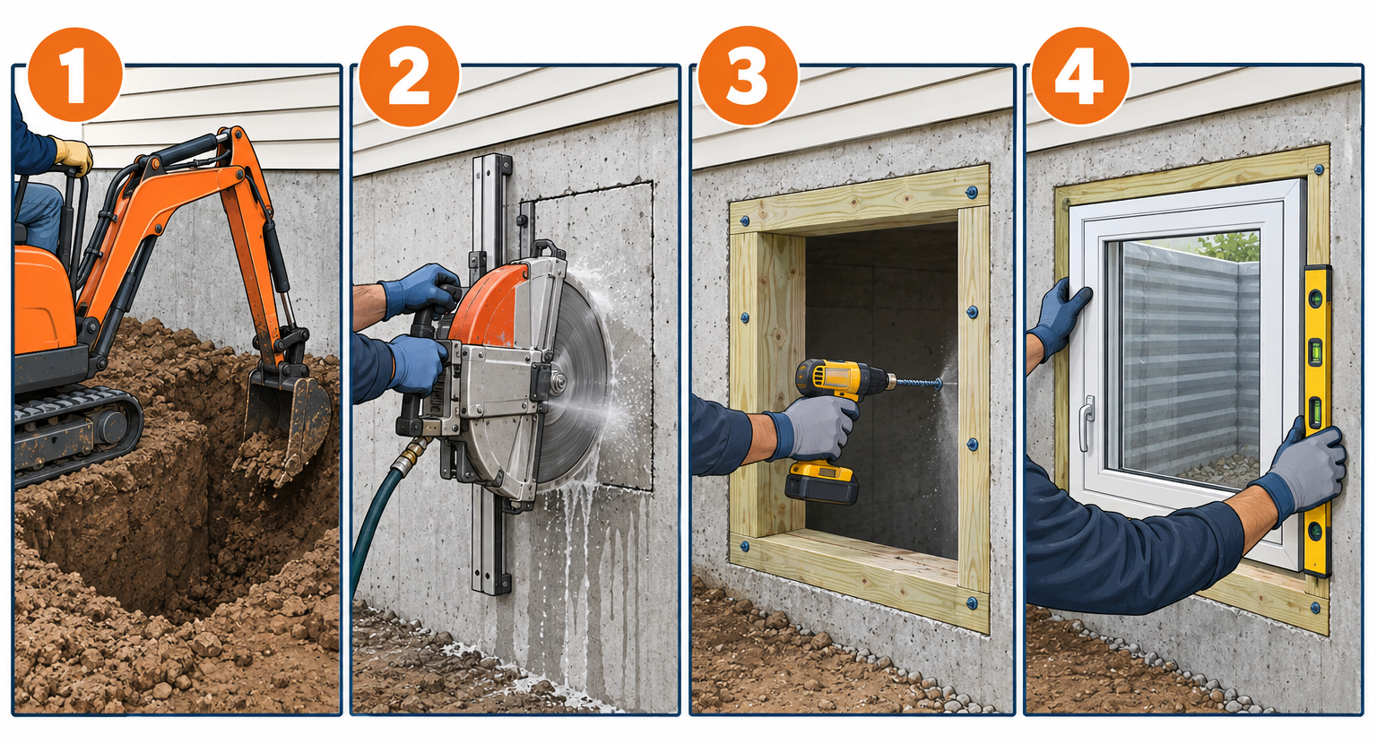 Installing a basement egress window in four steps: excavate, cut concrete, frame buck, and install window