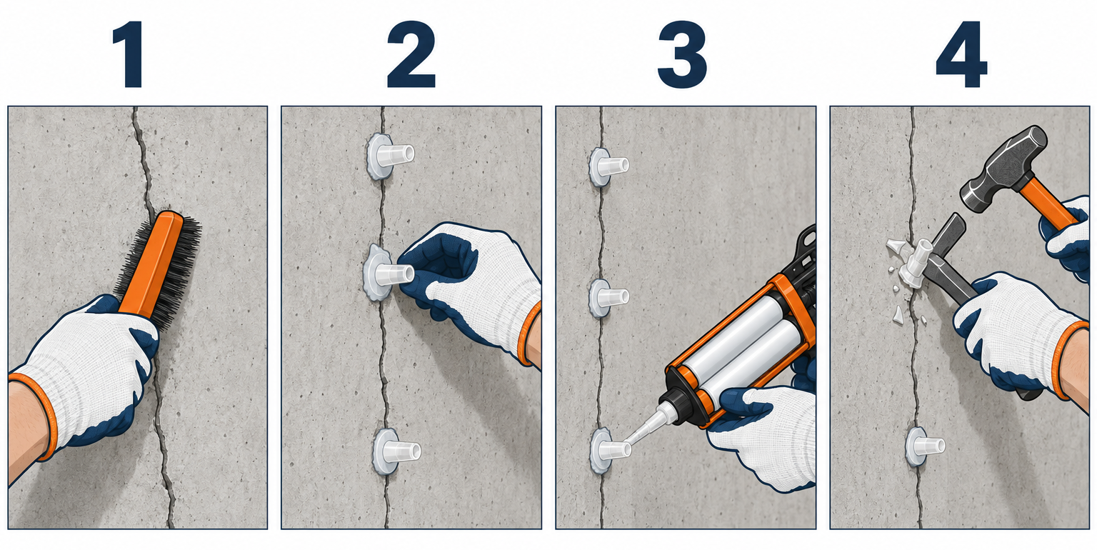 Injecting a basement wall crack in four steps: wire-brush, glue ports, inject, remove ports