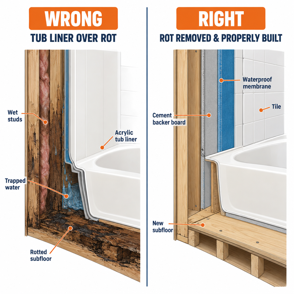 Right vs wrong approach to bathroom remodel scope: fixing wet rot versus tiling over damaged subfloor