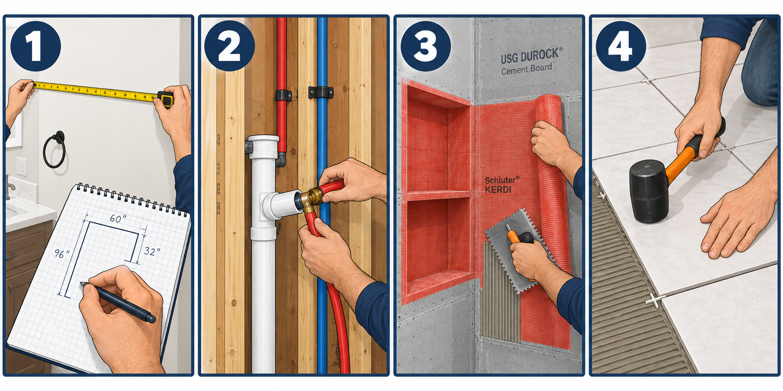 Bathroom remodel in four key steps: measure, rough-in, waterproof and tile, set fixtures