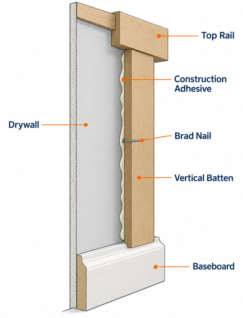 Labelled diagram comparing board and batten wall parts including batten, top rail, baseboard, drywall, construction adhesive and brad nail