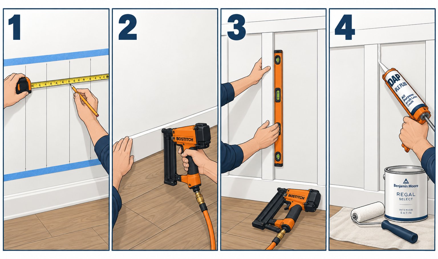 Installing a board and batten wall in four steps: marking layout, nailing base rail, nailing vertical battens, caulking and painting