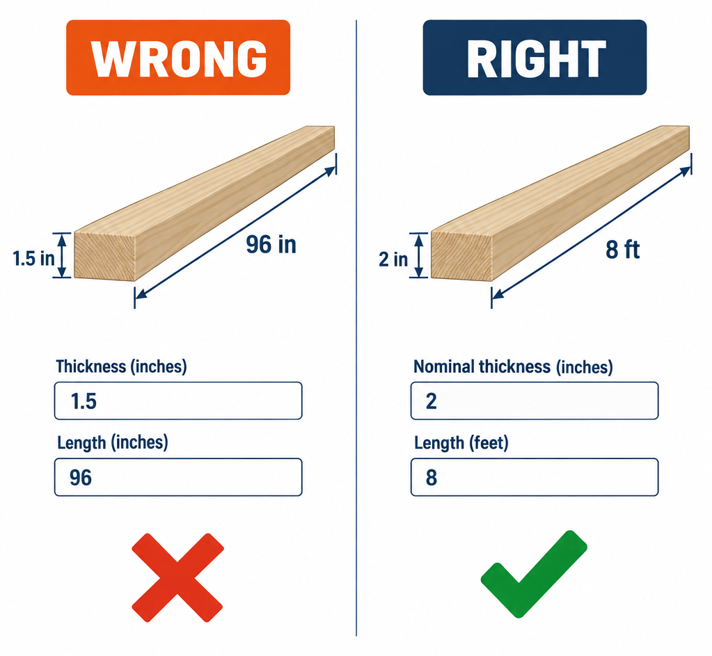 Right vs wrong board foot calculator inputs: nominal vs actual thickness and length in feet vs inches