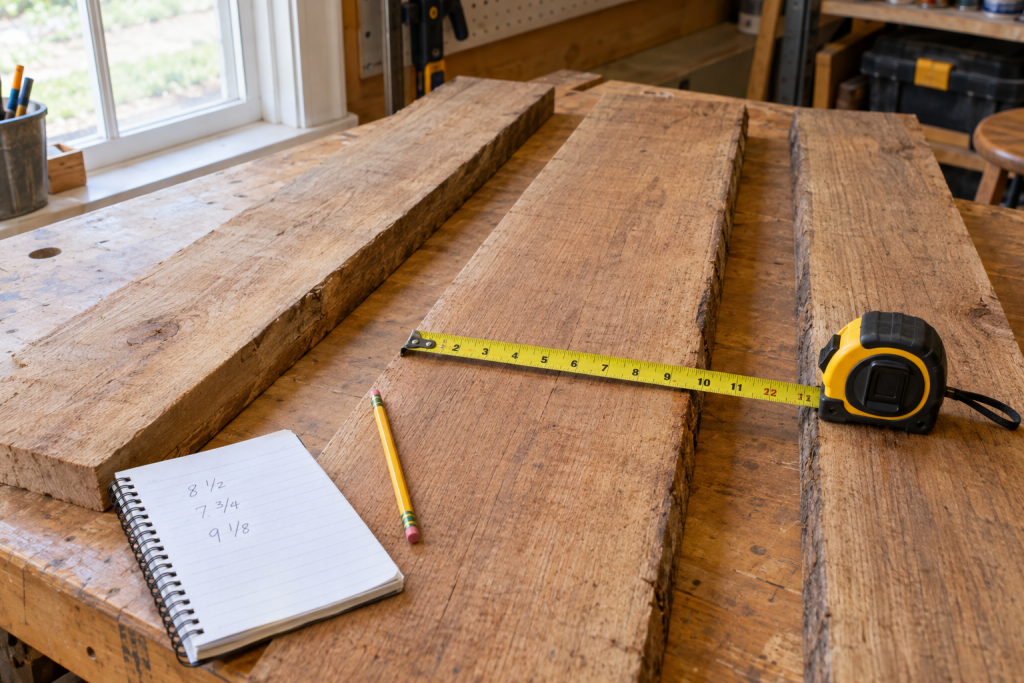 Measuring lumber thickness, width and length with a tape measure on a workbench