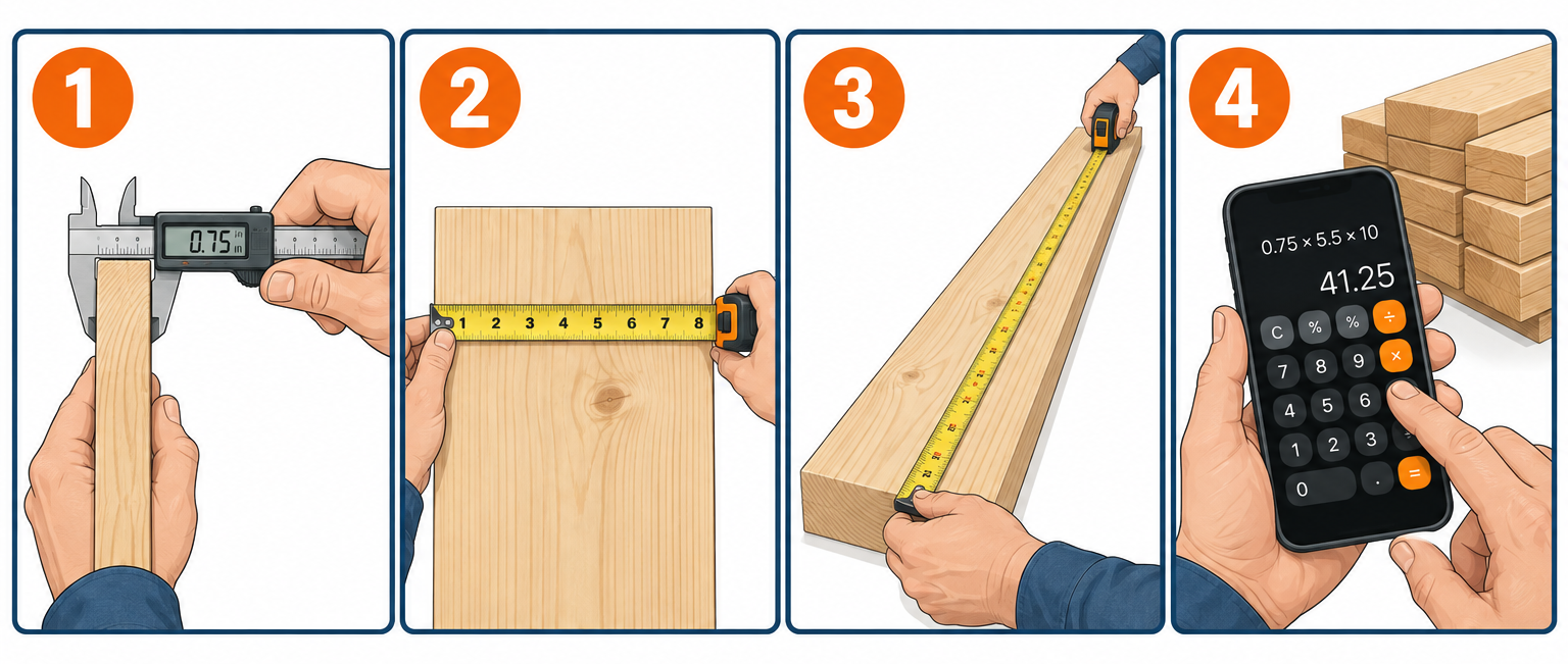 Four steps to calculate board feet: measure thickness, measure width, measure length, enter quantity and price