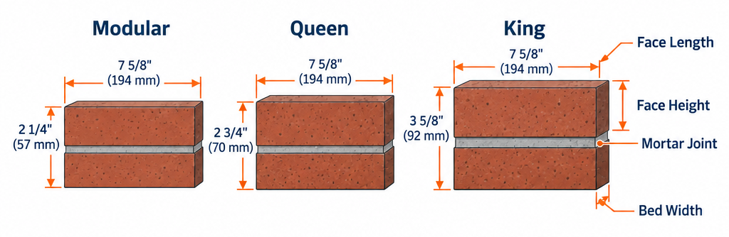 Labelled diagram comparing Modular, Queen and King brick face dimensions