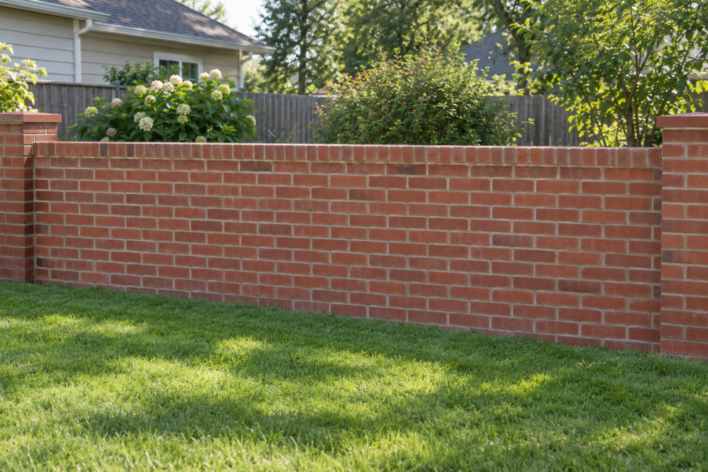 Freshly laid red brick garden wall with mortar joints in a sunny backyard