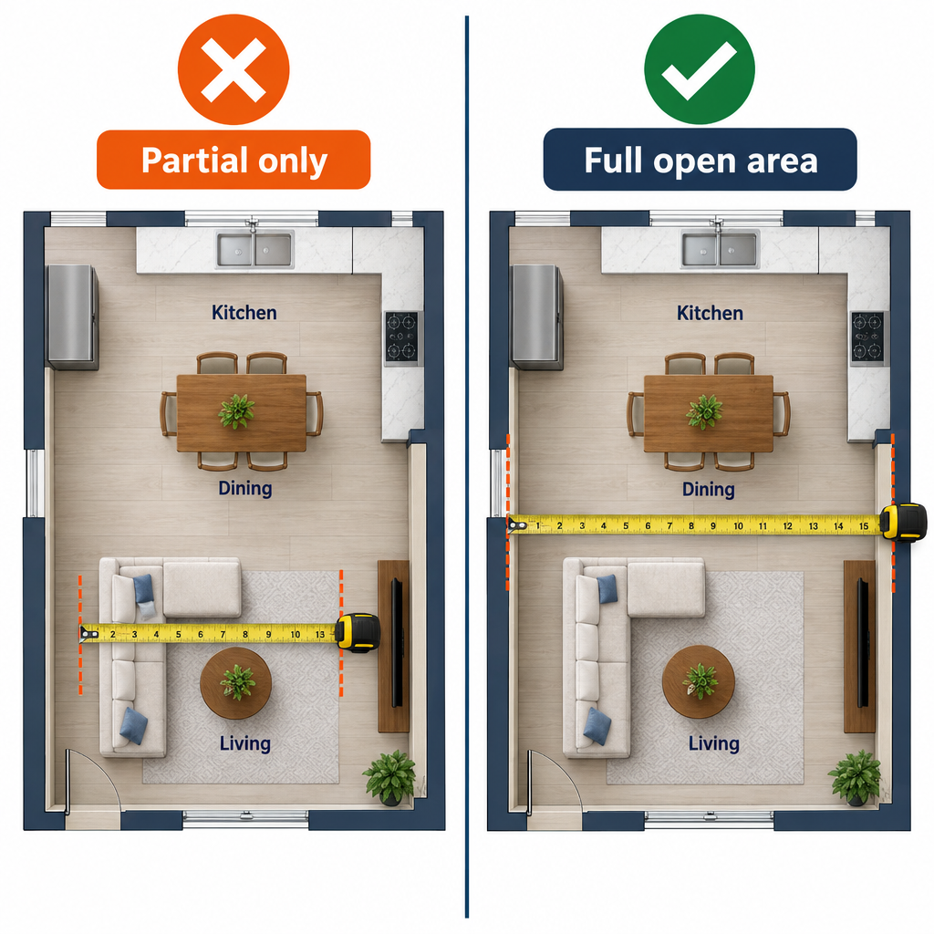 Right vs wrong room measurement for AC sizing: full open-plan vs partial room only