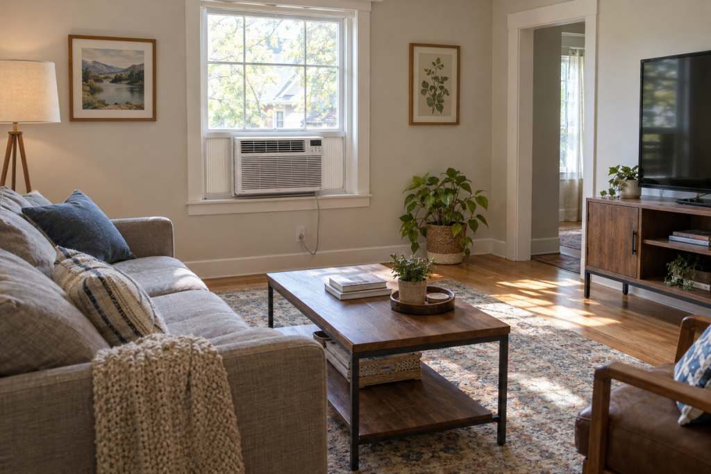 Window air conditioner installed in a bright suburban living room on a sunny afternoon