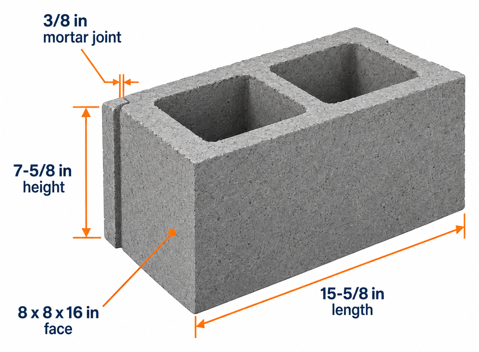 Labelled diagram of a standard cinder block showing nominal versus actual dimensions and mortar joint