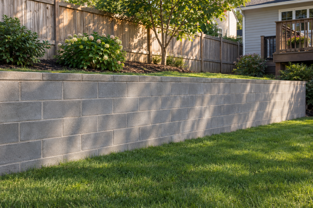 Freshly laid cinder block garden wall in a residential backyard with visible mortar joints
