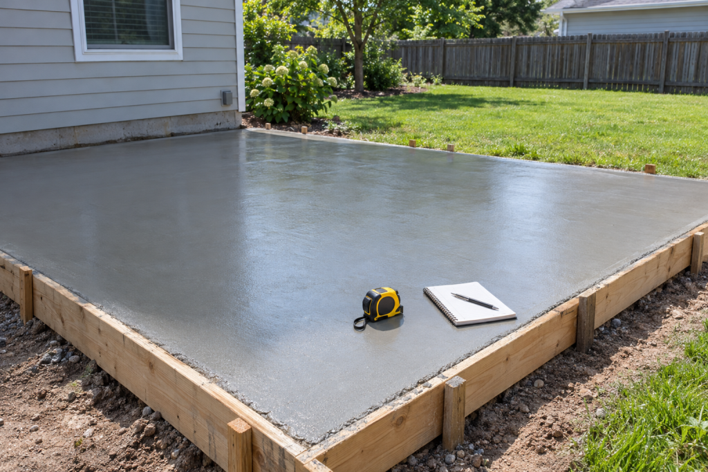 Freshly poured concrete slab in a backyard next to a house