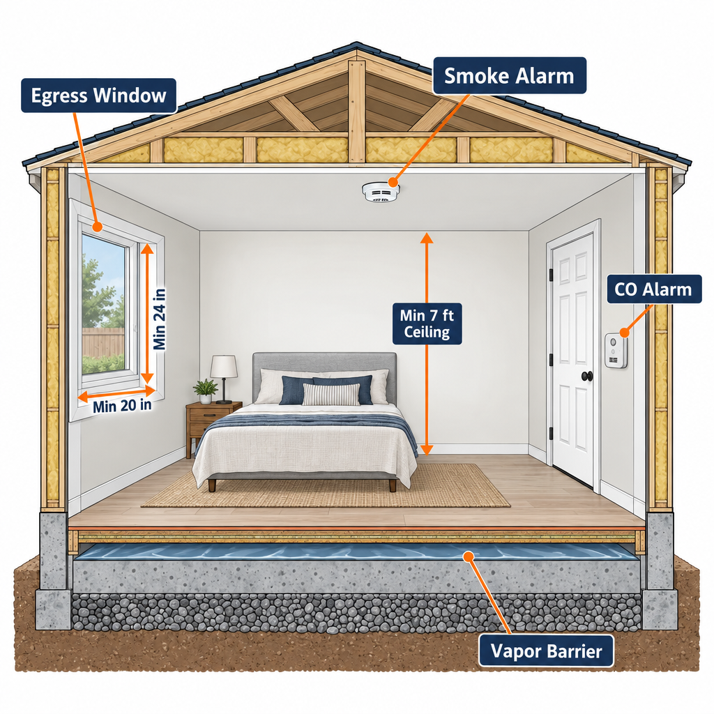 Labelled diagram of legal garage bedroom requirements including egress window, ceiling height, smoke alarm, CO alarm, and floor area