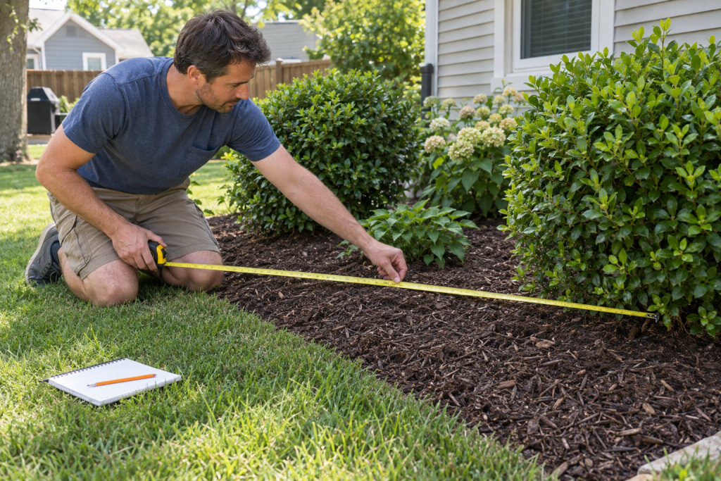 Homeowner measuring a backyard mulch bed with a tape measure before ordering bulk material