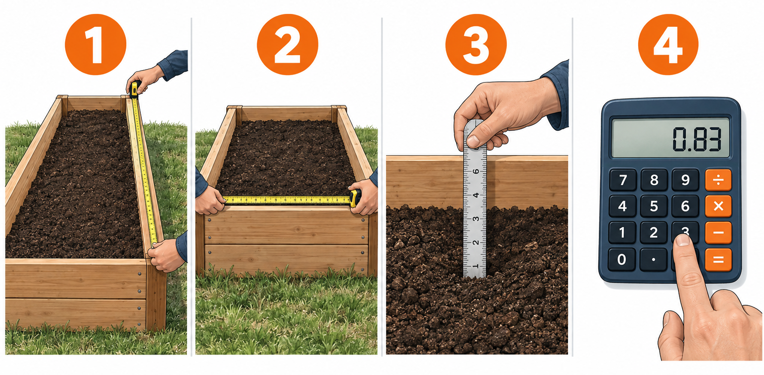 How to calculate cubic yards in four steps: measure length, measure width, set depth, read result