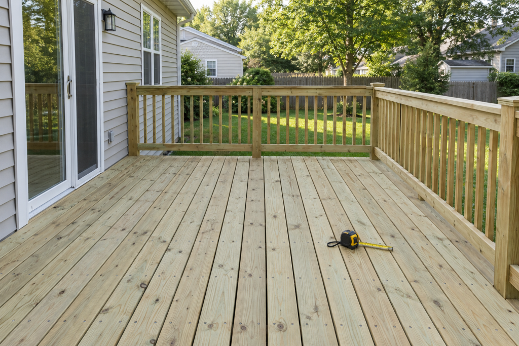 Freshly built pressure-treated wood deck attached to a suburban home with natural light