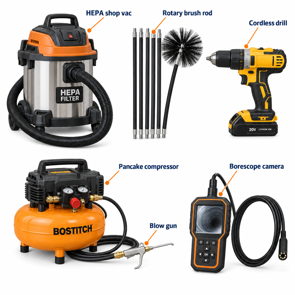 Labelled diagram of the seven DIY duct cleaning tools including shop vac, rotary brush kit, drill, compressor, extension hose, borescope, and HEPA filter