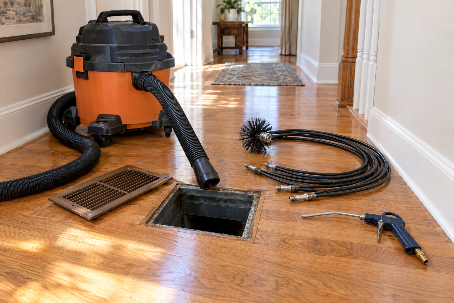 DIY duct cleaning tools laid out beside an open floor register in a bright home hallway