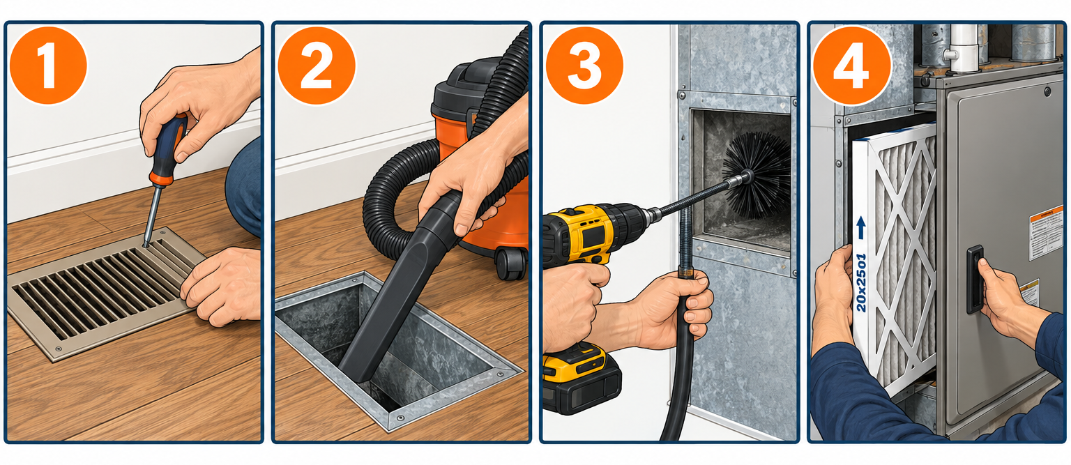 Cleaning home air ducts in four steps: remove register, vacuum boot, run rotary brush, reinstall filter
