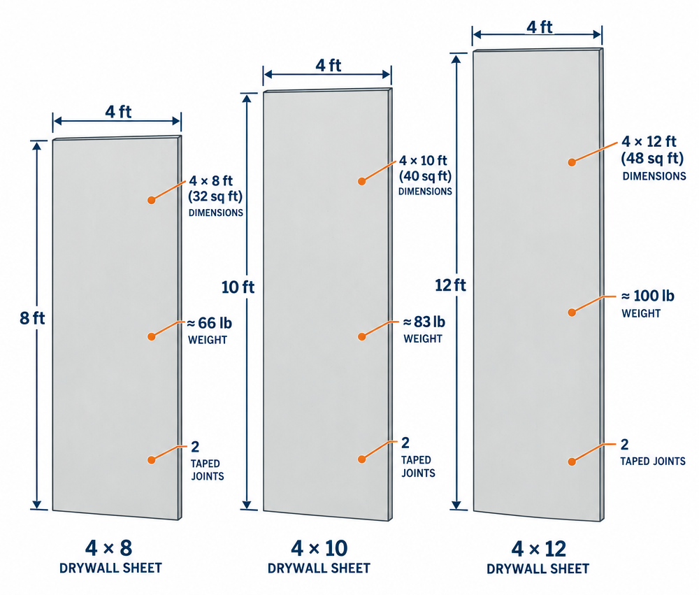 Drywall sheet size comparison diagram showing 4x8, 4x10 and 4x12 panels with weight and joint labels