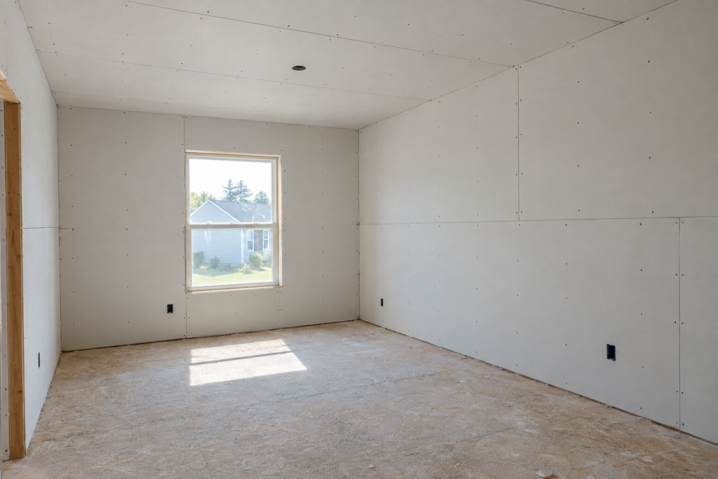 Freshly drywalled empty room ready for finishing in a bright suburban home