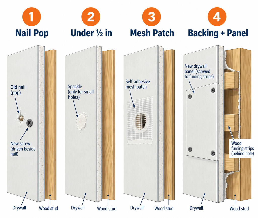 Drywall repair methods labelled by damage size: nail pop, small hole, medium hole, and large hole with backing