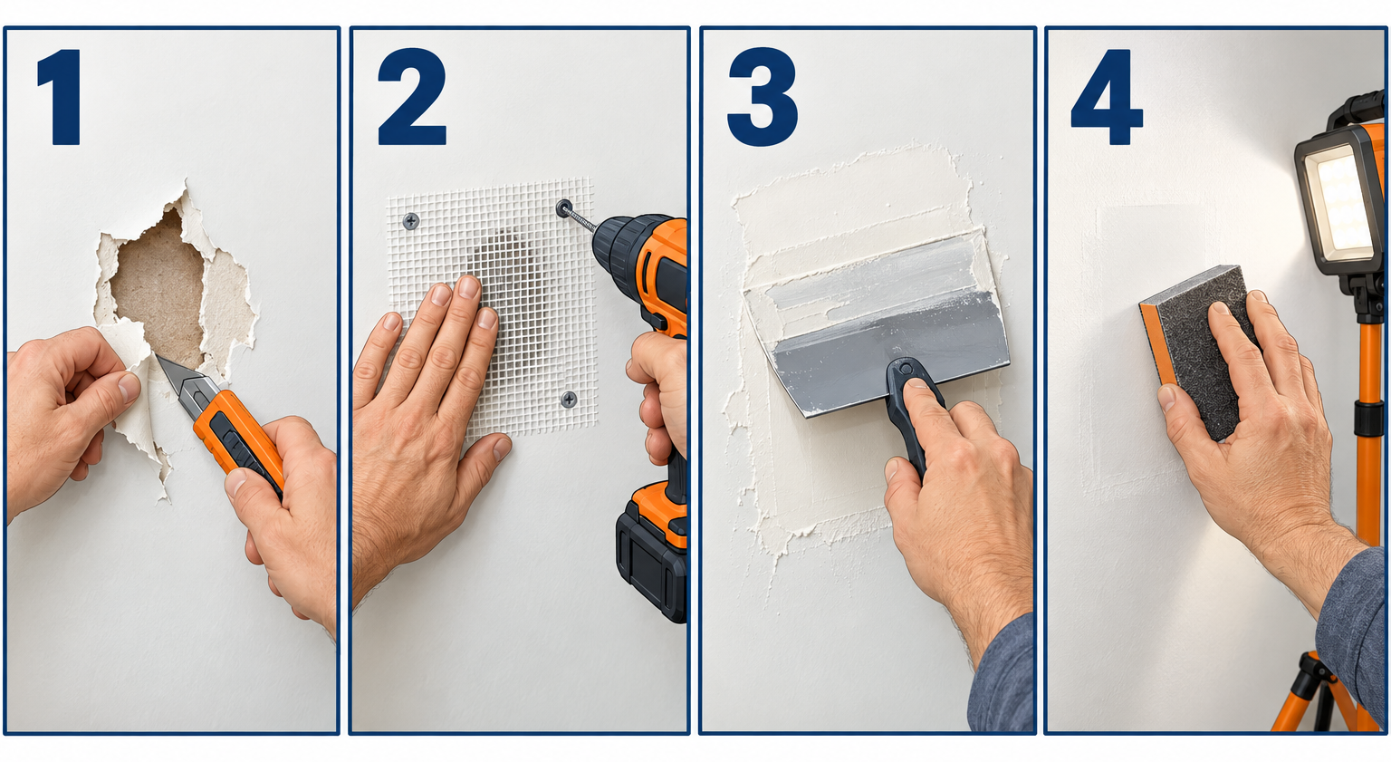Drywall repair in four steps: prep, patch, apply compound, and sand smooth