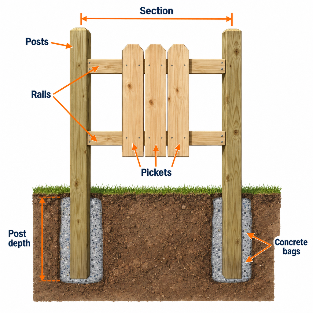 Fence material parts diagram showing posts, sections, rails, pickets, post depth and concrete bags