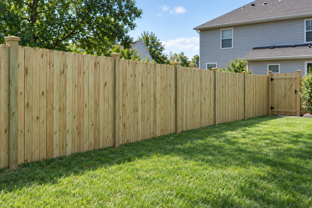 Freshly built wood privacy fence with posts, rails and dog-ear pickets in a suburban backyard