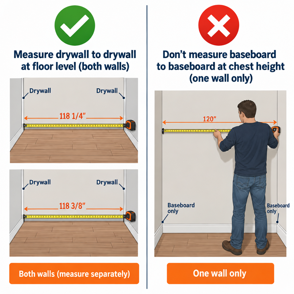 Right vs wrong flooring measurements showing correct and incorrect tape placement
