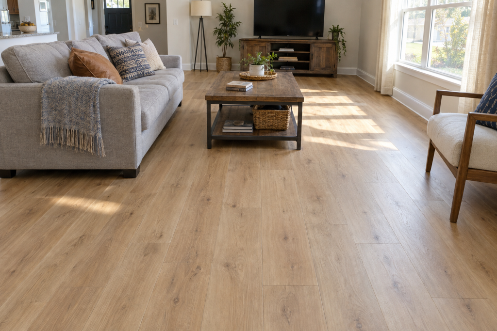 Freshly installed light oak luxury vinyl plank flooring in a bright living room