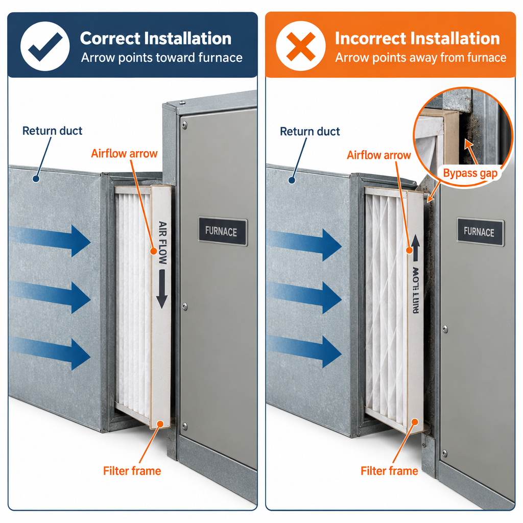 Air filter airflow direction diagram showing correct versus incorrect installation