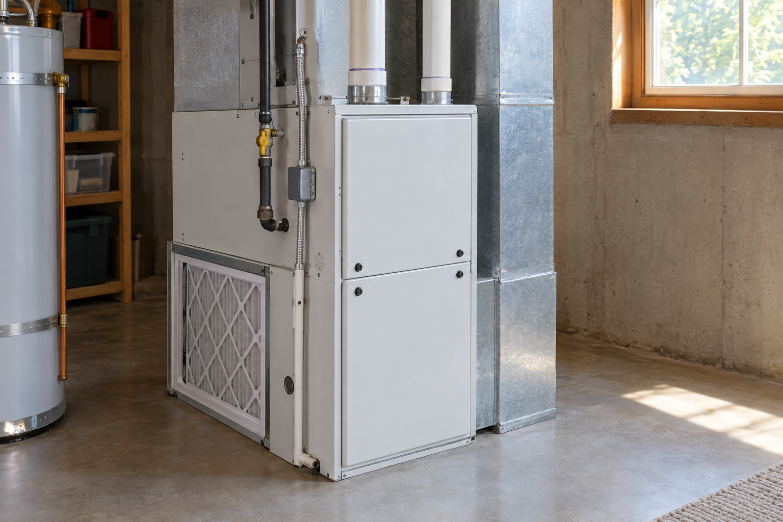 Clean, well-maintained gas furnace in a residential utility room after seasonal maintenance