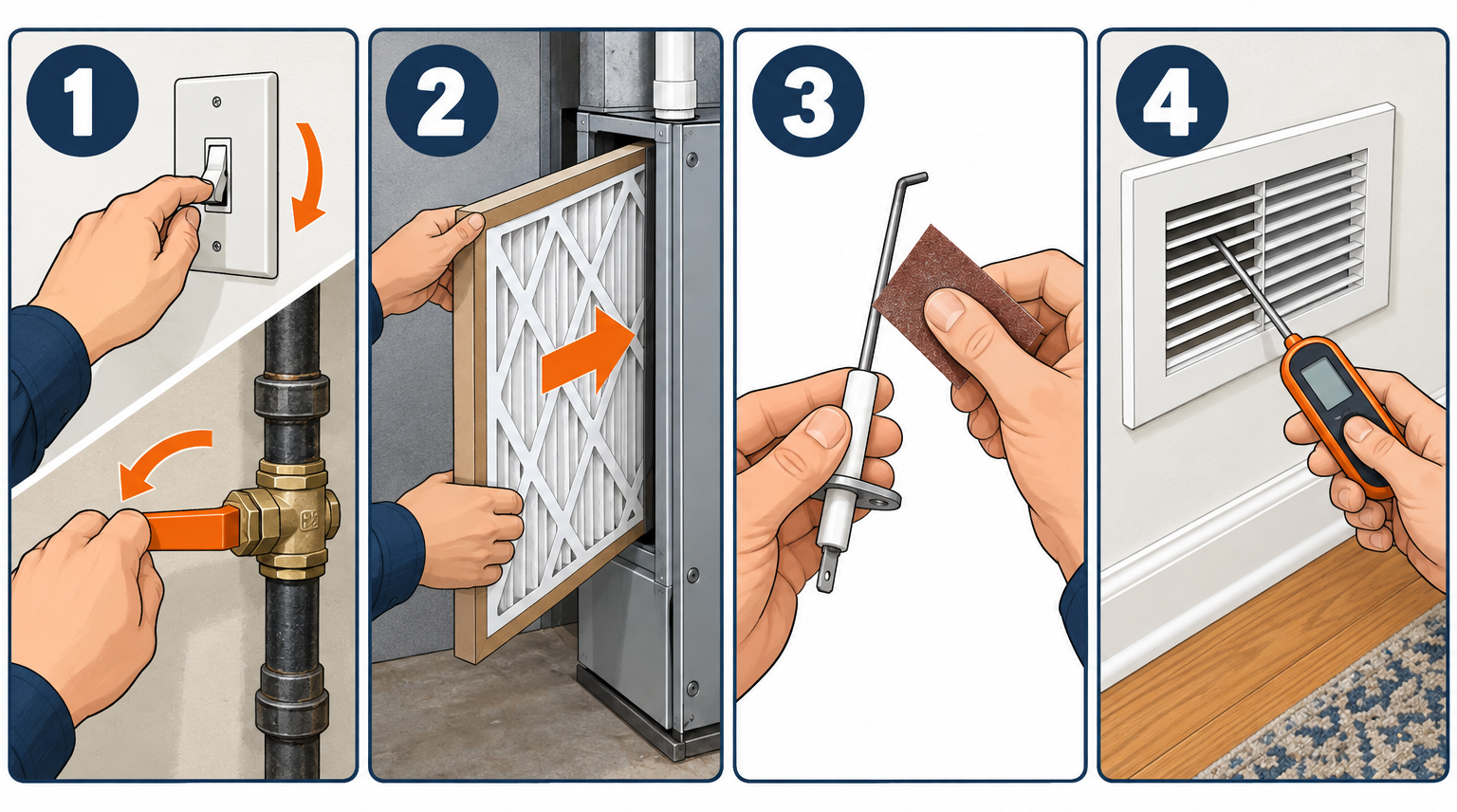 Furnace maintenance checklist in four key steps: shutting off power, replacing the filter, cleaning the flame sensor, and testing temperature rise