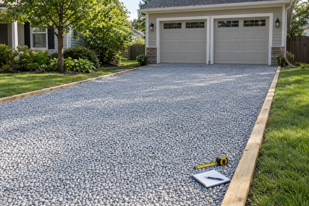 Freshly laid crushed stone gravel driveway beside a suburban home