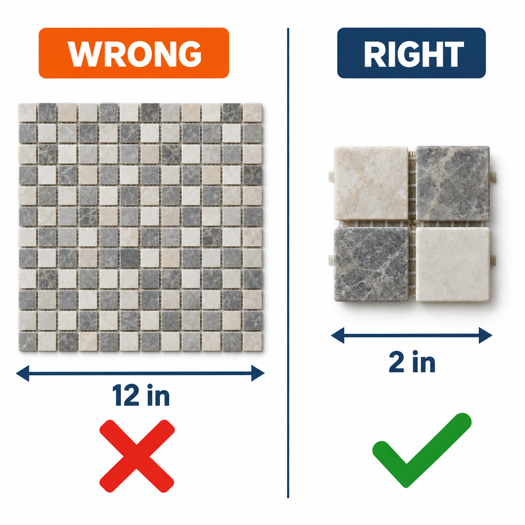 Right vs wrong: entering mosaic tile sheet size versus individual chip size in a grout calculator