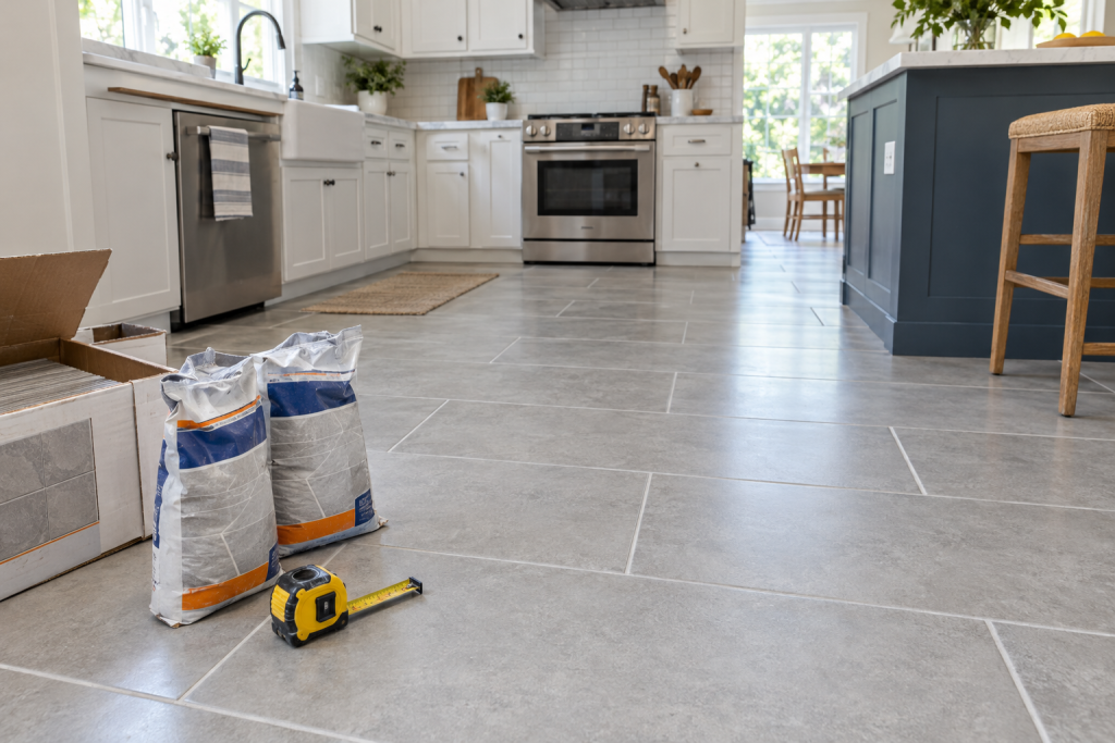 Tile floor with visible grout joints next to grout bags and a tape measure on a bright kitchen floor