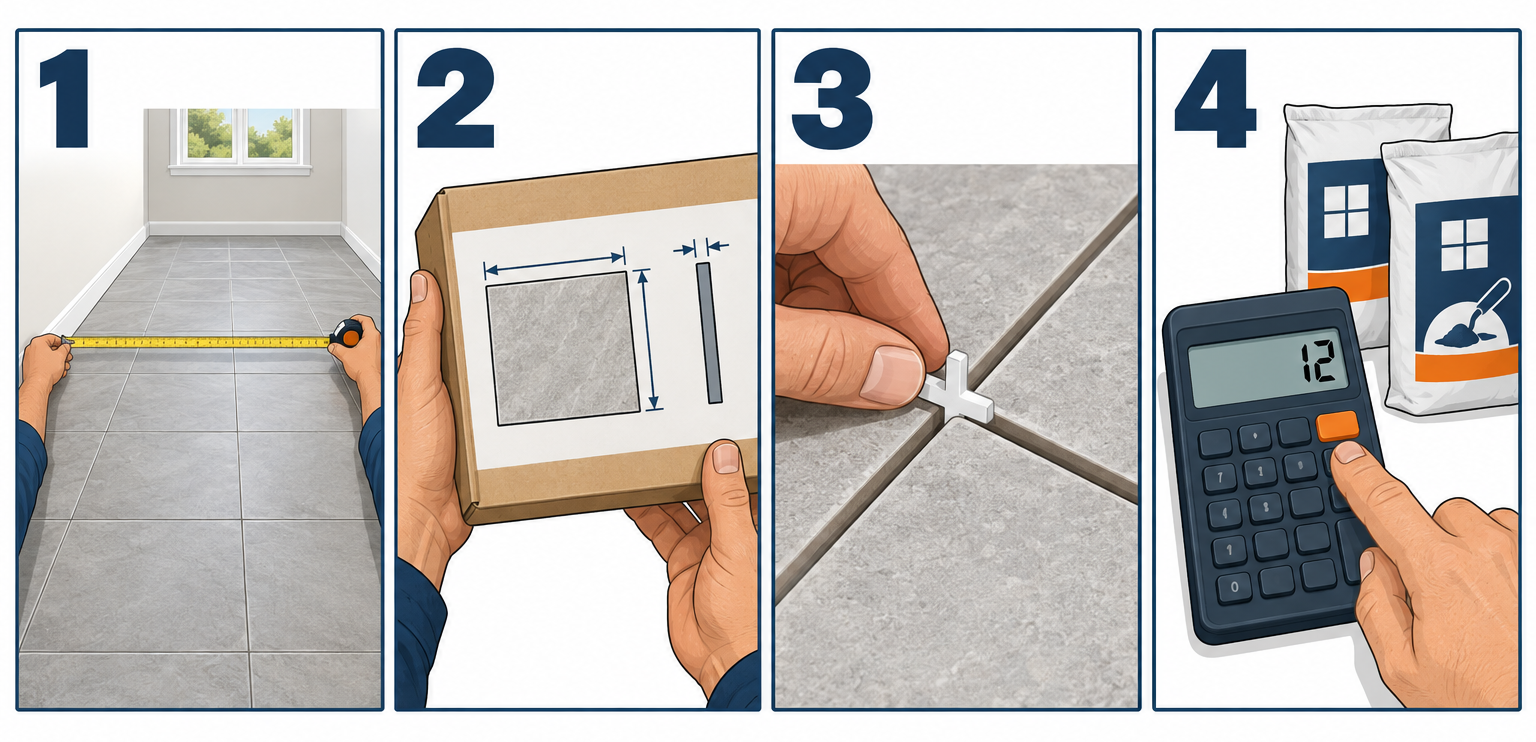 How to use a grout calculator in four steps: measure area, read tile box, pick joint width, read bag count