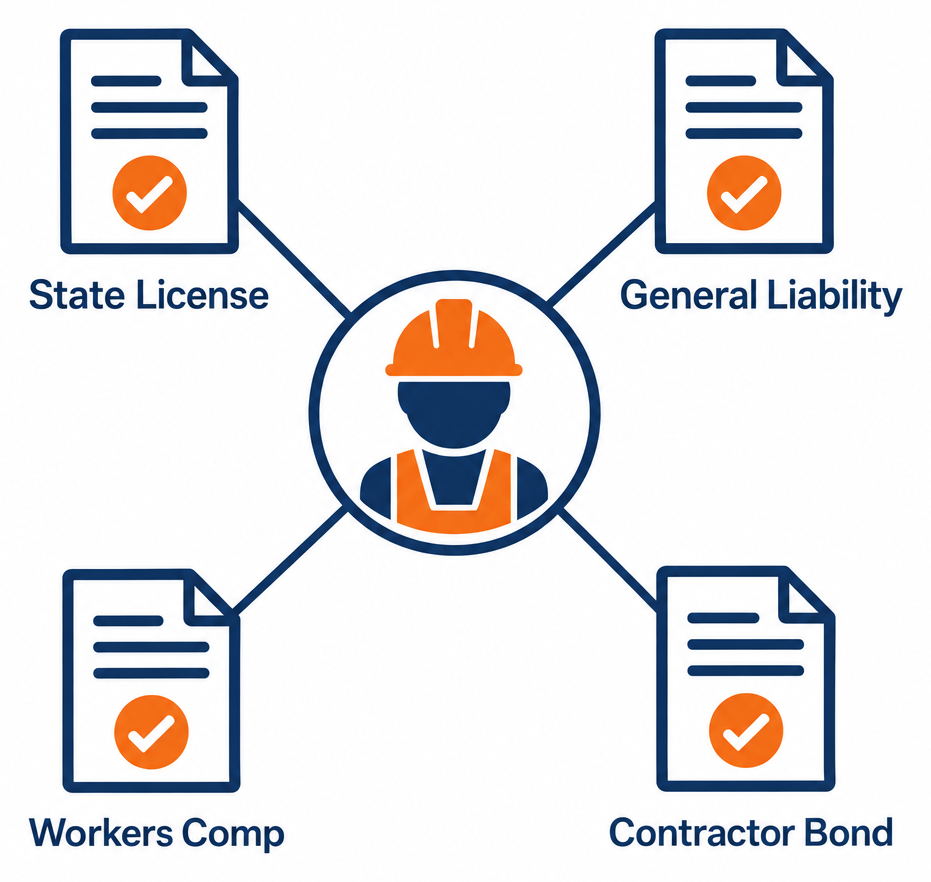 Contractor credential verification diagram showing license, general liability, workers comp, and bond