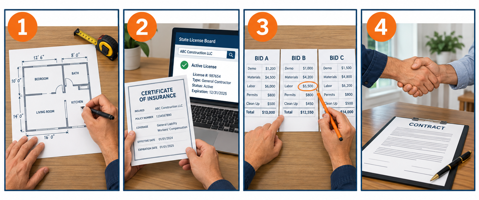 Hiring a general contractor in four key steps: write scope, verify credentials, compare bids, sign contract