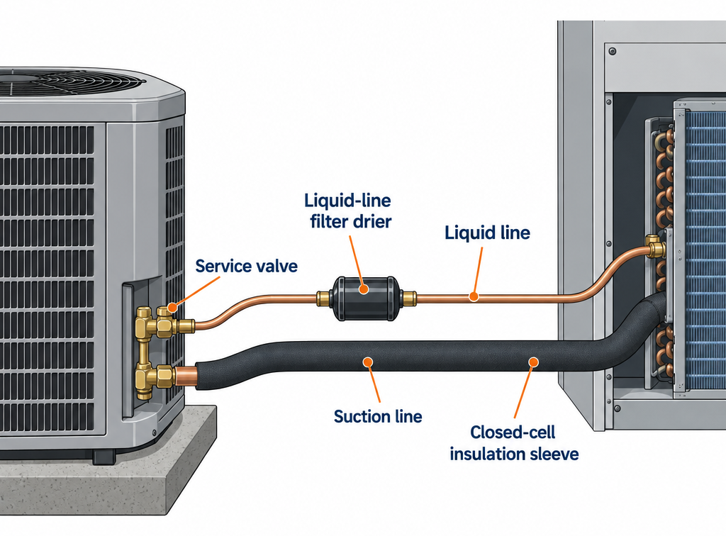 Labelled diagram of a central AC line set showing liquid line, suction line, insulation, filter drier, and service valves