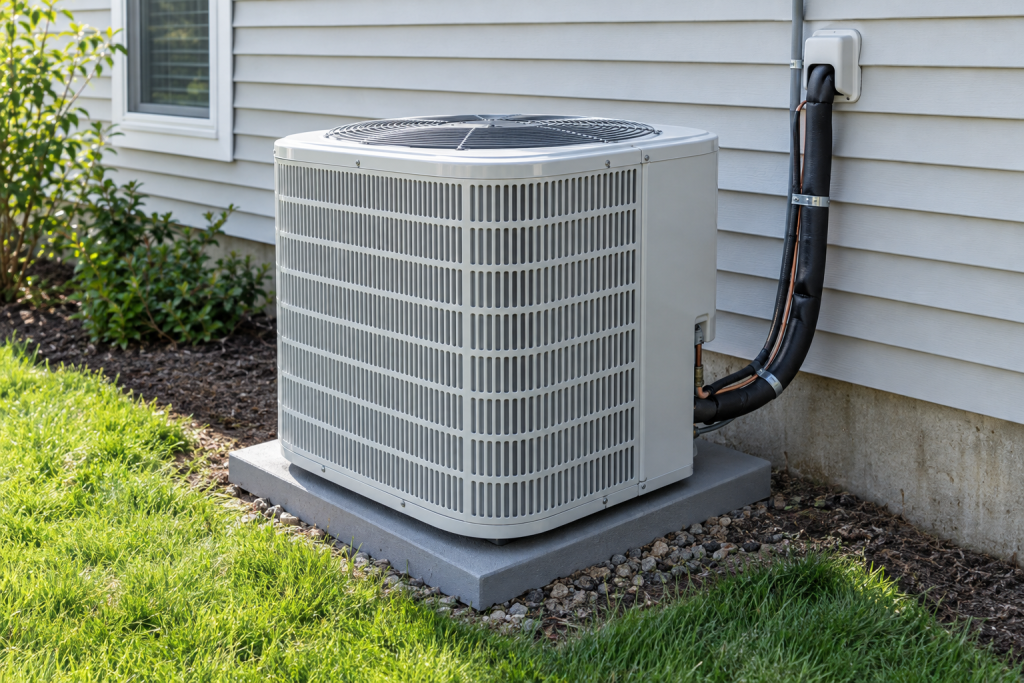 Newly installed central AC condenser unit beside a suburban house on a concrete pad