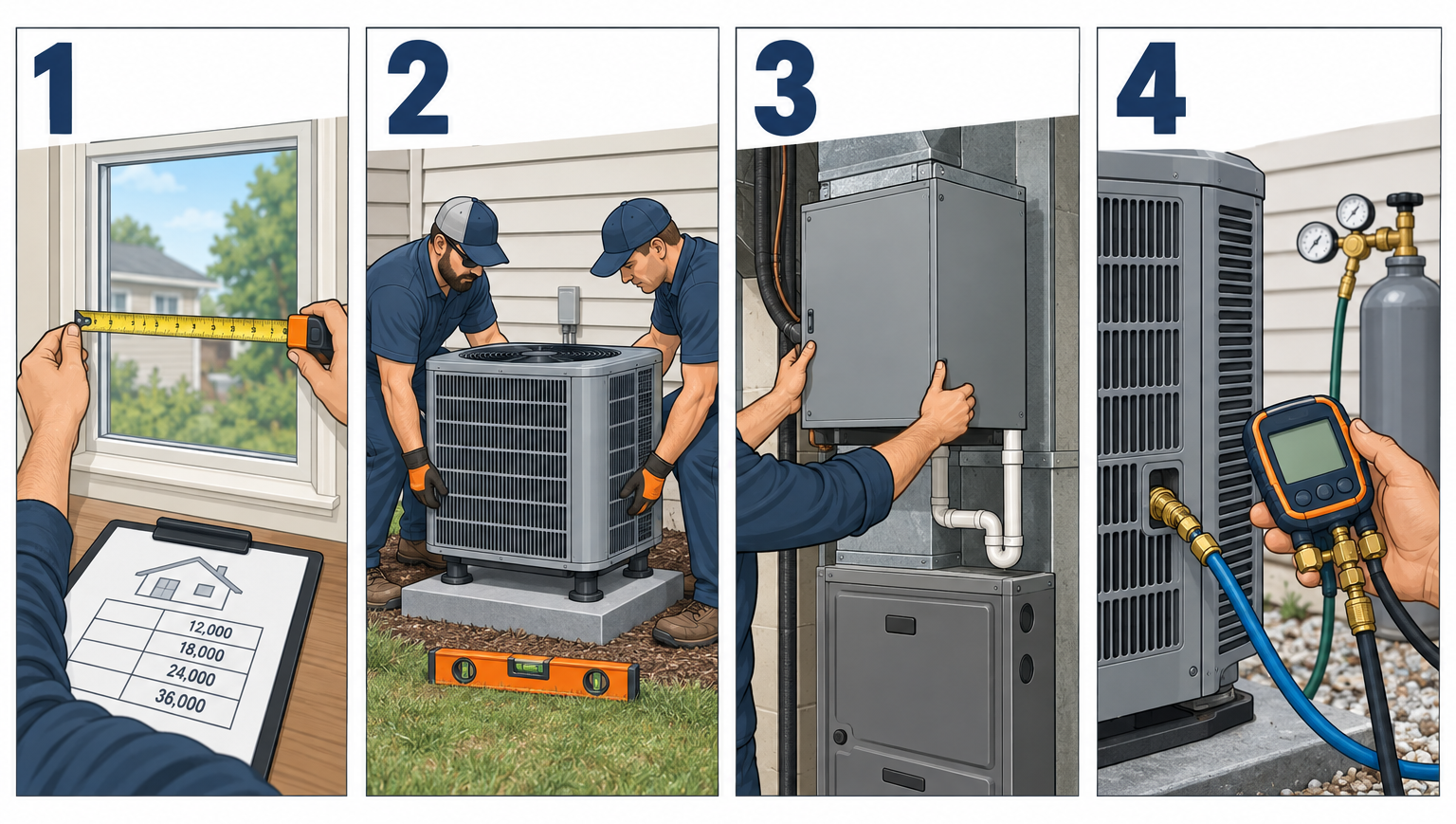 Installing a central AC unit in four key steps: sizing, setting the condenser, installing the evaporator coil, and pressure testing